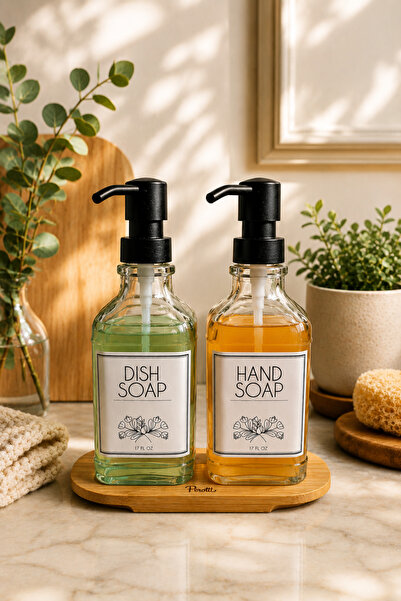 Karçiçeği Home Glass Liquid Soap Dispenser Set – Kitchen Hand Soap and Dishwa...
