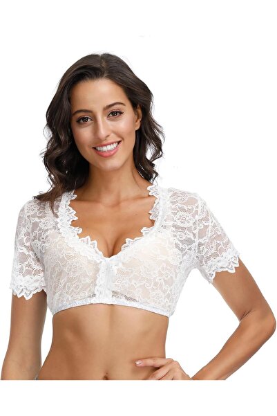 Elfin Women's Dirndl Blouse with Short Lace Sleeves, Elegant Half-Sleeve Lace...