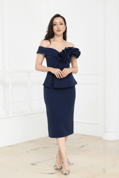 BEYBOS Floral Patterned Midi Pencil Dress - Dark Blue