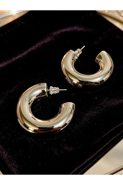 ayoljewelry Women Silver Color Steel Thick Minimalist Chunky C Hoop Earrings