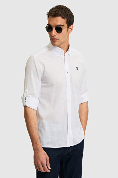U.S. Polo Assn. قميص أساسي أبيض بأكمام طويلة للرجال 50324660-VR013