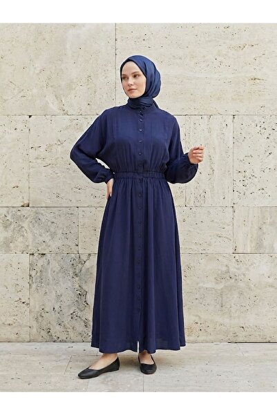 Foremia Batwing Sleeve Elastic Waist Dress-Navy Blue