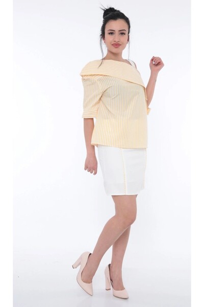 FIRST STYLE Elegant Turkish Tayor Set with White and Yellow Striped Blouse in...