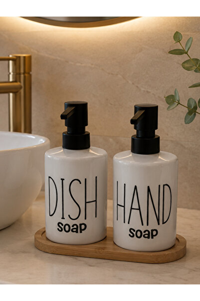 ALLEGRI Set of 2 Round Ceramic Liquid Soap Dispensers and Bamboo Stand 2 X 50...