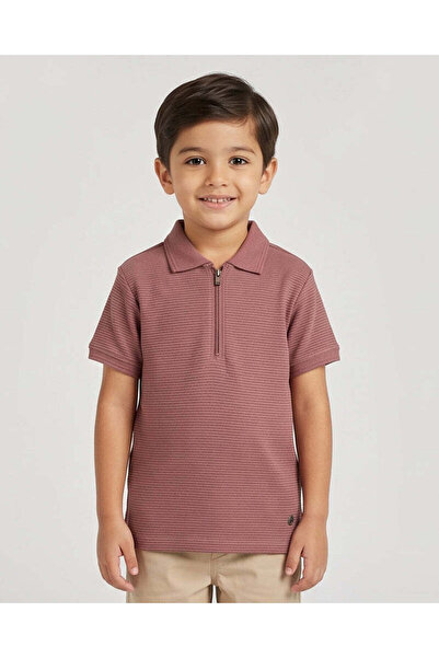REDTAG Boys Brown Jacquard Zip Placket Polo T-shirt