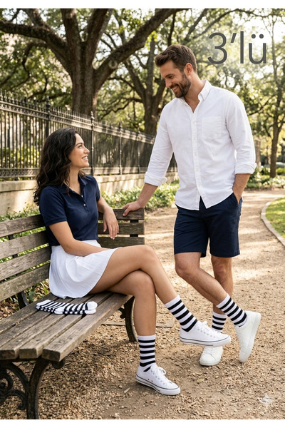 Erka Unisex Çizgili Tenisçi Çorabı - Siyah Beyaz Retro Koleksiyonu (3'lü Paket)