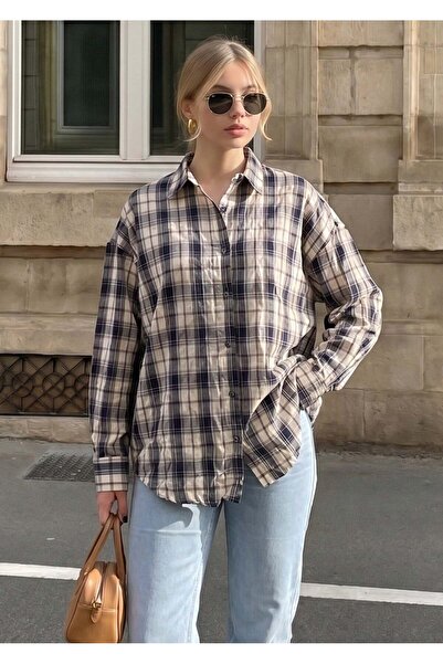 Madmext Navy Blue Basic Square Patterned Women's Shirt Mg2828