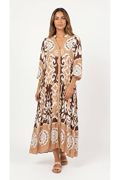 Şeker Portakalım Hakim Collar Front Buttoned Long Sleeve Bohemian Maxi Dress ...