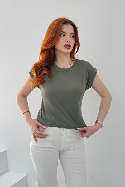 NEW JOURNAL Tricou de bază scurt, kaki, cu gât crew, pentru femei NJ137
