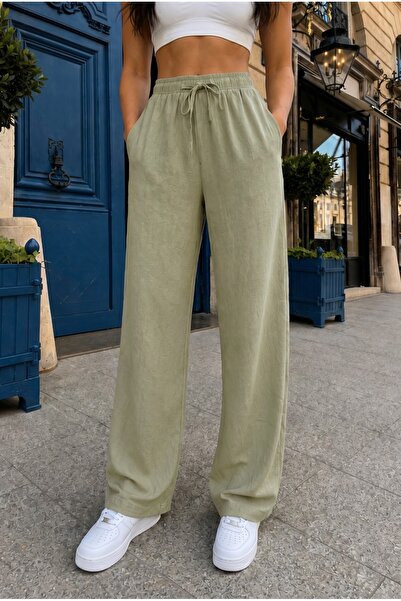 alanora Beli Linen Blend Summer Palazzo Trousers with Rubber Detail