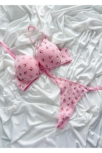 İNKO İÇ GİYİM Floral Patterned Pink Cotton Padded Supported Underwire Bra & T...