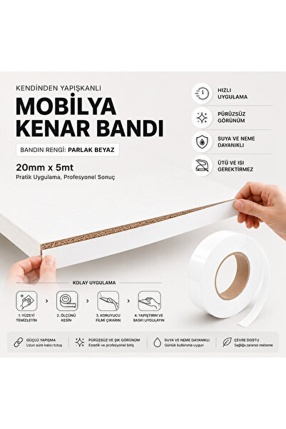 KarapolatYapı Kendinden Yapışkanlı Mobilya Kenar Bandı Parlak Beyaz