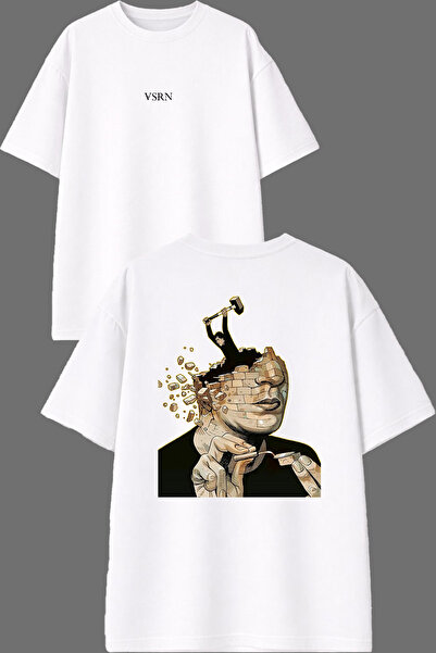 VSRN Tricou oversize alb cu imprimeu față-spate, design Self-Scattered