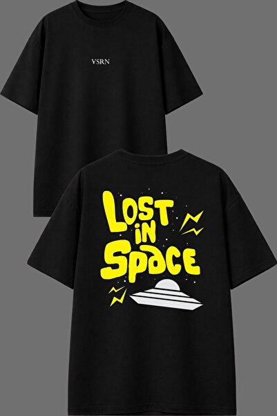VSRN تي شيرت Lost Space Design مطبوع من الأمام والخلف باللون الأسود مقاس كبير