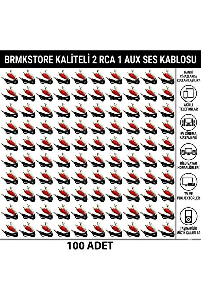 BRMK STORE 2RCA 1AUX Ses Aktarım Kablosu (100 Adet) Tos Amfi Kablosu 3.5mm Kulaklık Jack Hoparlör Çevirici x100 ADET
