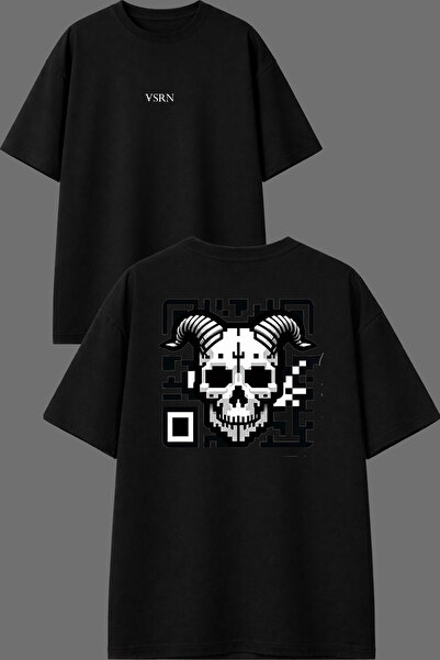 VSRN Μπλουζάκι Qr Skeleton Design με στάμπα μπροστά και πίσω, μαύρο, oversized