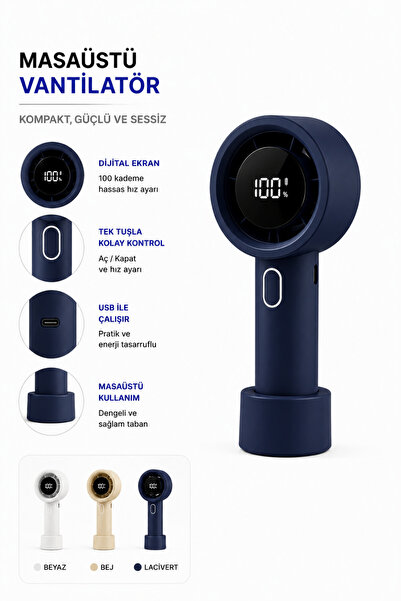 Yussraw 100 Kademe Dijital Ekranlı Mini Masaüstü ve El Fanı USB Şarjlı Taşınabilir El Fanı Ayrılabilir Standlı
