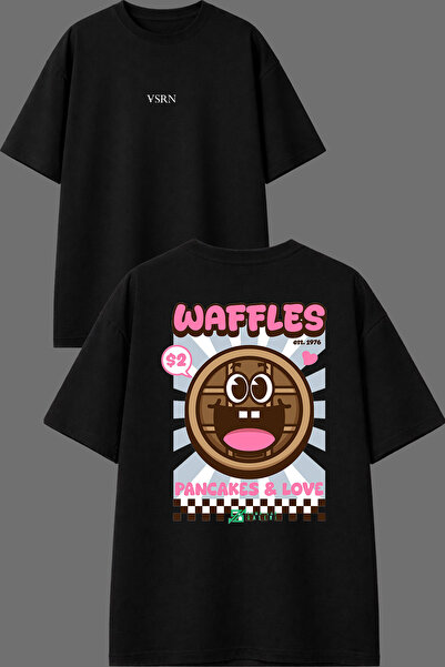 Tatlı Waffle Tasarım Ön Arka Baskılı Siyah Oversize T shirt