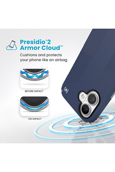 Speck Presidio2 Grip - Husă iPhone 16 (Albastru Costier / Gri Prăfuit / Alb)