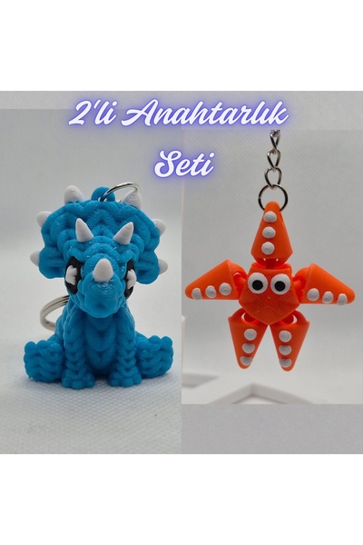 3DAtölyeMaker Light Blue Knitted Pattern Triceratops and Orange Moving Starfi...