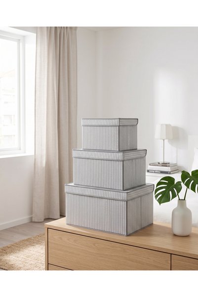 Pixue 3-Piece Gray Mega Maxi Mini Storage Box with Lid, Sturdy Formed Storage Box, under Bed, under Cabinet Organizer Set, Organizer Set