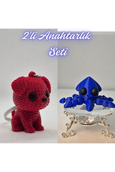 3DAtölyeMaker Fire Engine Red Knitted Patterned Dog and Blue Squid Keychain