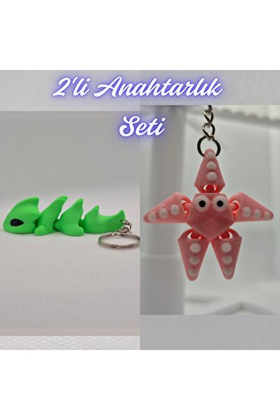 3DAtölyeMaker Green Flexible Dragon and Pink Moving Starfish Keychain