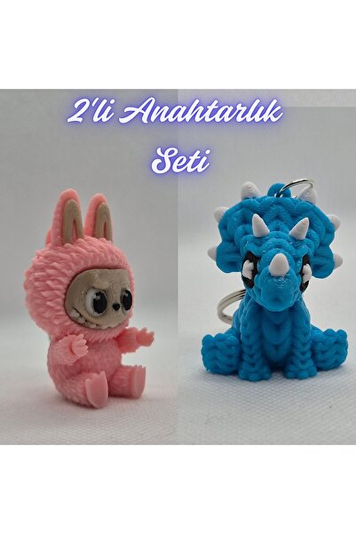 3DAtölyeMaker Light Pink Labubu and Light Blue Knitted Pattern Triceratops Ke...