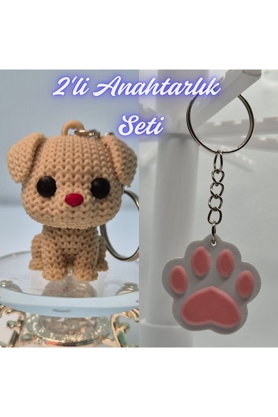 3DAtölyeMaker Cream Knitted Patterned Dog and Light Pink Cat Paw Keychain