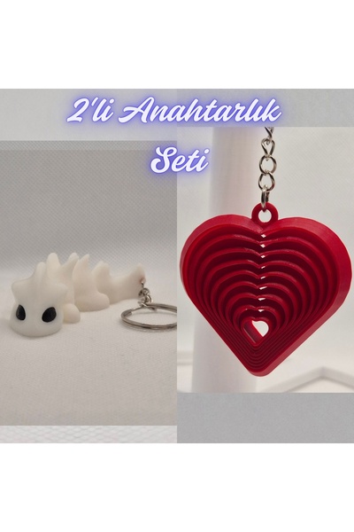 3DAtölyeMaker White Flexible Dragon and Fire Red Moving Heart Keychain