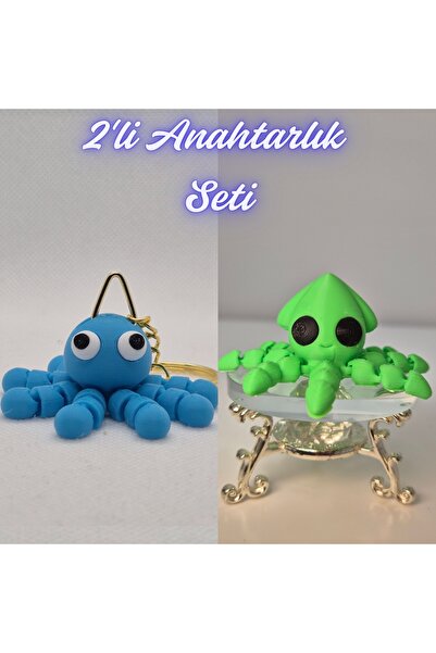 3DAtölyeMaker Light Blue Confused Octopus and Light Green Squid Keychain