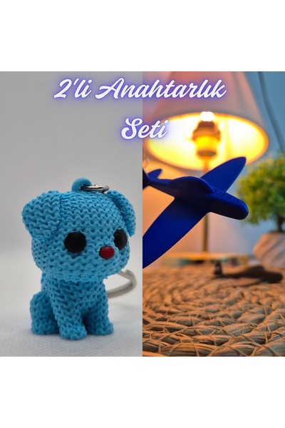 3DAtölyeMaker Light Blue Knitted Patterned Dog and Blue Airplane Keychain