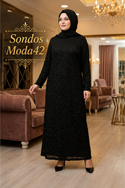 Sondos Moda42 Hesna Yuvarlak Yaka Simli Tül Detaylı Büyük Beden kalitali Anne...