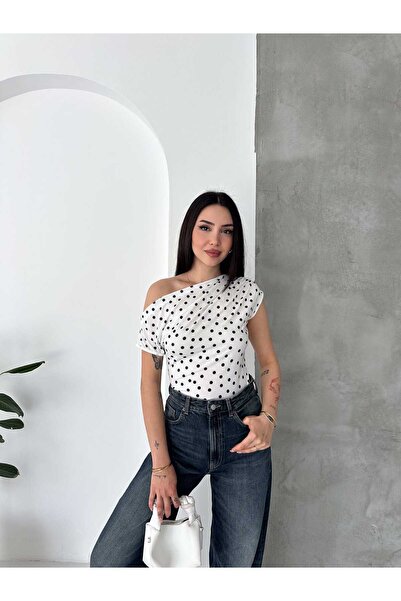 heree Asymmetric Collar Polka Dot Draped Blouse