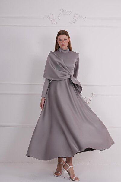 TUMEL DESİGN Alice Drape Detaylı Dik Yaka Tesettür Abiye Elbise