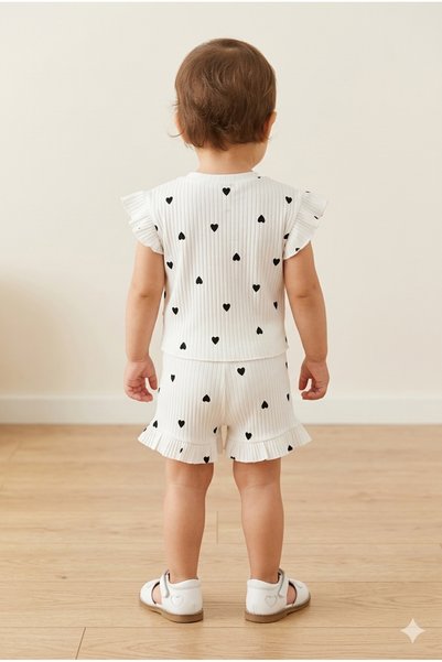 TAYO BABY Baby Girl/Child Heart Patterned Ribbed Camisole Shorts Set - Ecru / Black Cotton