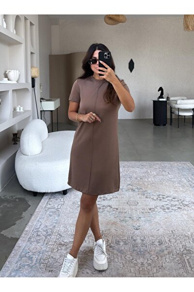 Butik Kahverengi Çımalı Modal Basic Elbise
