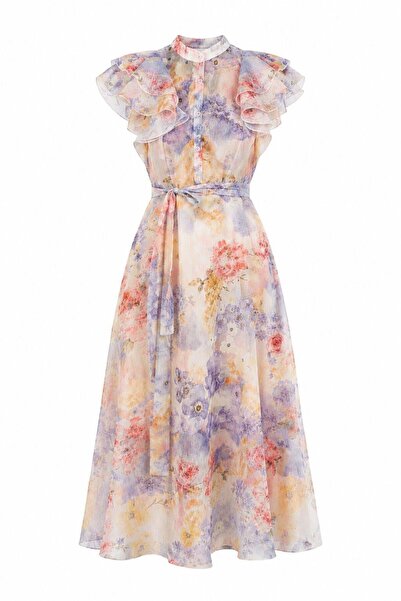 HAZELANNA Rochie mov cu volane la umeri și imprimeu floral
