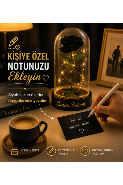terapix Babalar Günü Hediyesi Işıklı Siyah Fanus Teraryum Gül Babaya Hediye