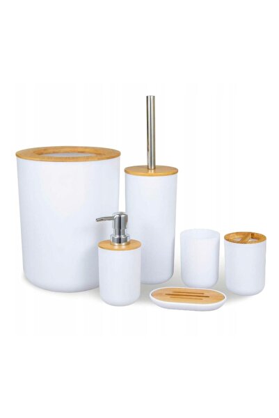 jumi Bathroom accessory set Jumi, 6 pieces white with bamboo accents, modern ...
