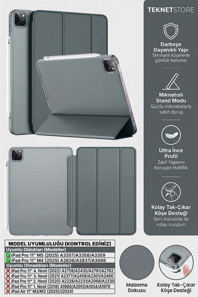 TEKNETSTORE İPad Pro 11 İnç M5 M4 2024 / 2025 Uyumlu Kılıf Ultra İnce Standlı...