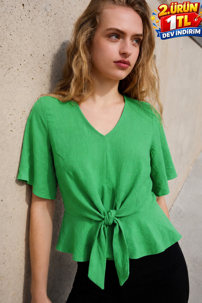 DAMGA JEANS Women's Crepe Fabric Spanish Sleeve Green Summer Blouse