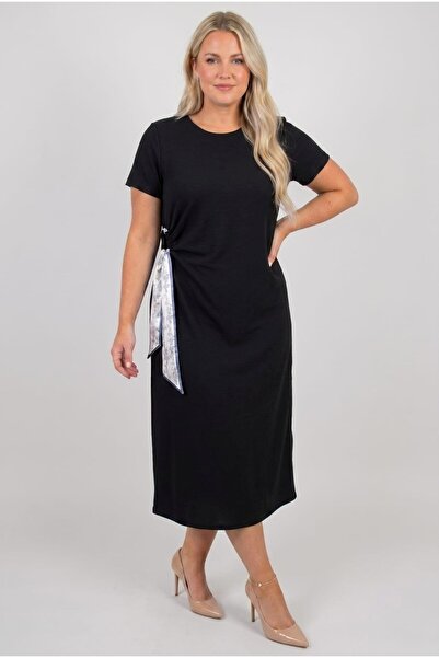 Koza Butik Women's Plus Size Short Sleeve Crew Neck Dress with Side Scarf Det...