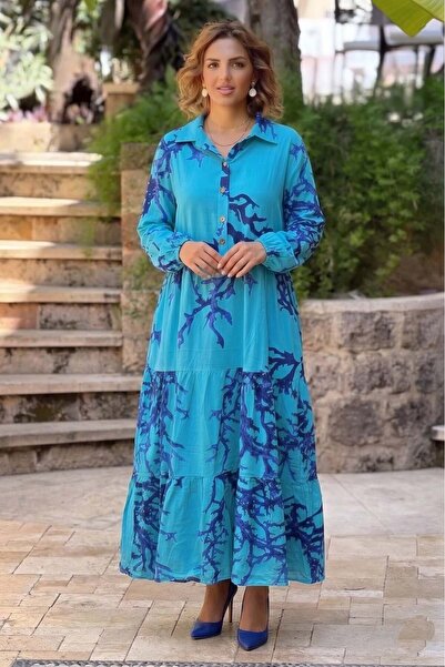 Nevin Kaya Moda Half-Parted Turquoise Reef Patterned Dress