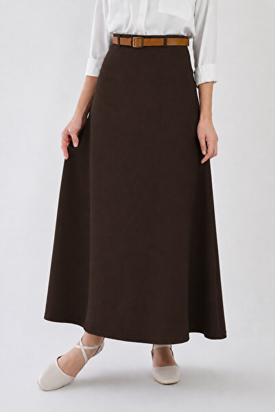 YAXİ Belt-Detail Maxi Size Loose Brown Woven Skirt