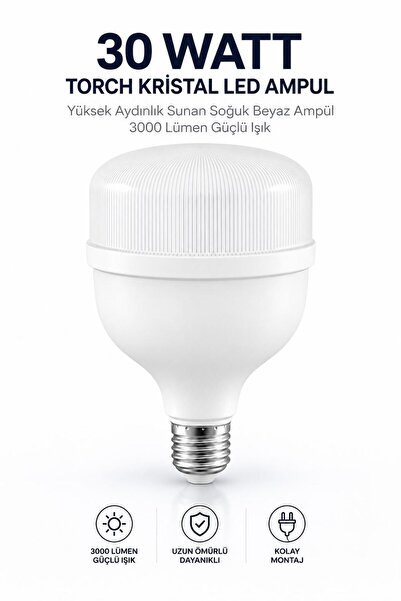 NZB 30 Watt Torch Kristal Led Ampul Yüksek Aydınlık Sunan Soğuk Beyaz Ampül 3...