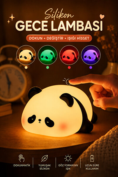 BENT Silikon Panda Gece Lambası Dokunmatik Renk Değiştiren Panda Şarjlı Dekor...