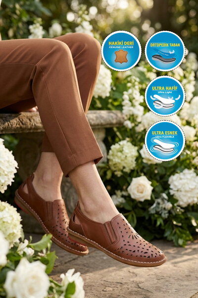 AYAKMOD Tan Genuine Leather Narrow Fit Orthopedic Women's Casual Shoes 1009 Z