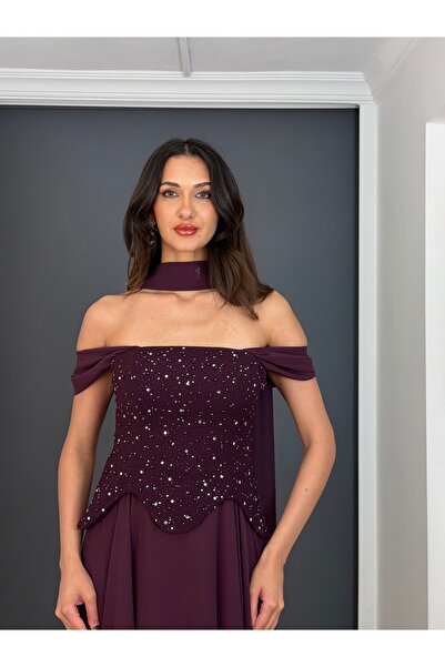 gökkuşagı moda Mürdüm Askılı Straplez Bel Korsajlı Üst Krep Taşlı Alt Şifon U...