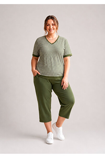 OYERGA MODA Women's Plus Size 100% Cotton Short Sleeve Capri Two-Piece Set